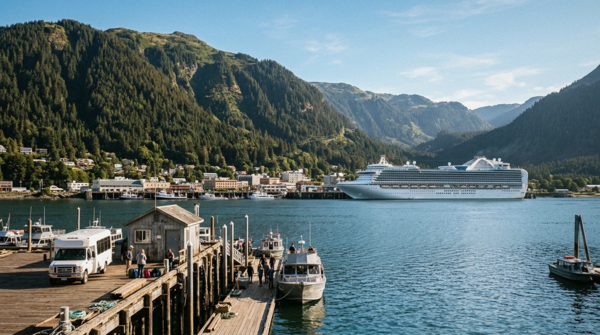 Cruise passengers checking the time on the Juneau waterfront before a Mendenhall Glacier tour departure
