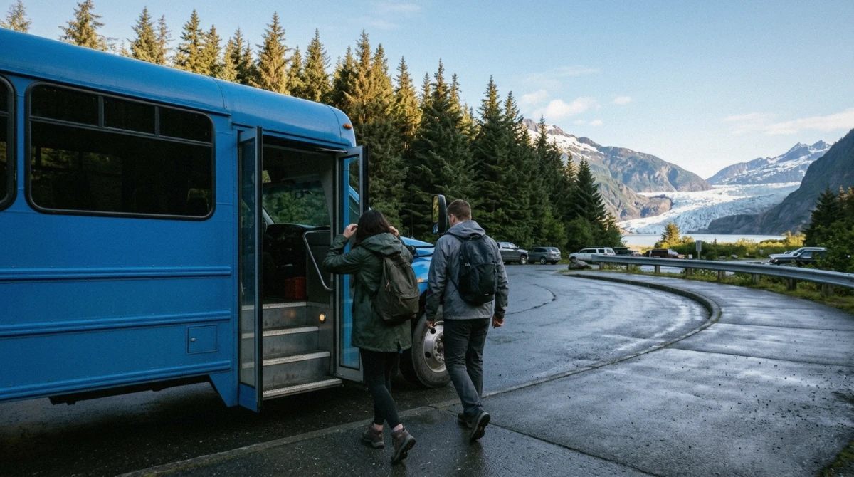 Travelers stepping off the shuttle bus at the Mendenhall Glacier Recreation Area near Juneau