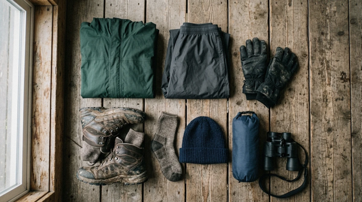 Waterproof shell, layers and boots laid out for a wet day, the practical answer to what to wear at Mendenhall Glacier in Juneau, Alaska