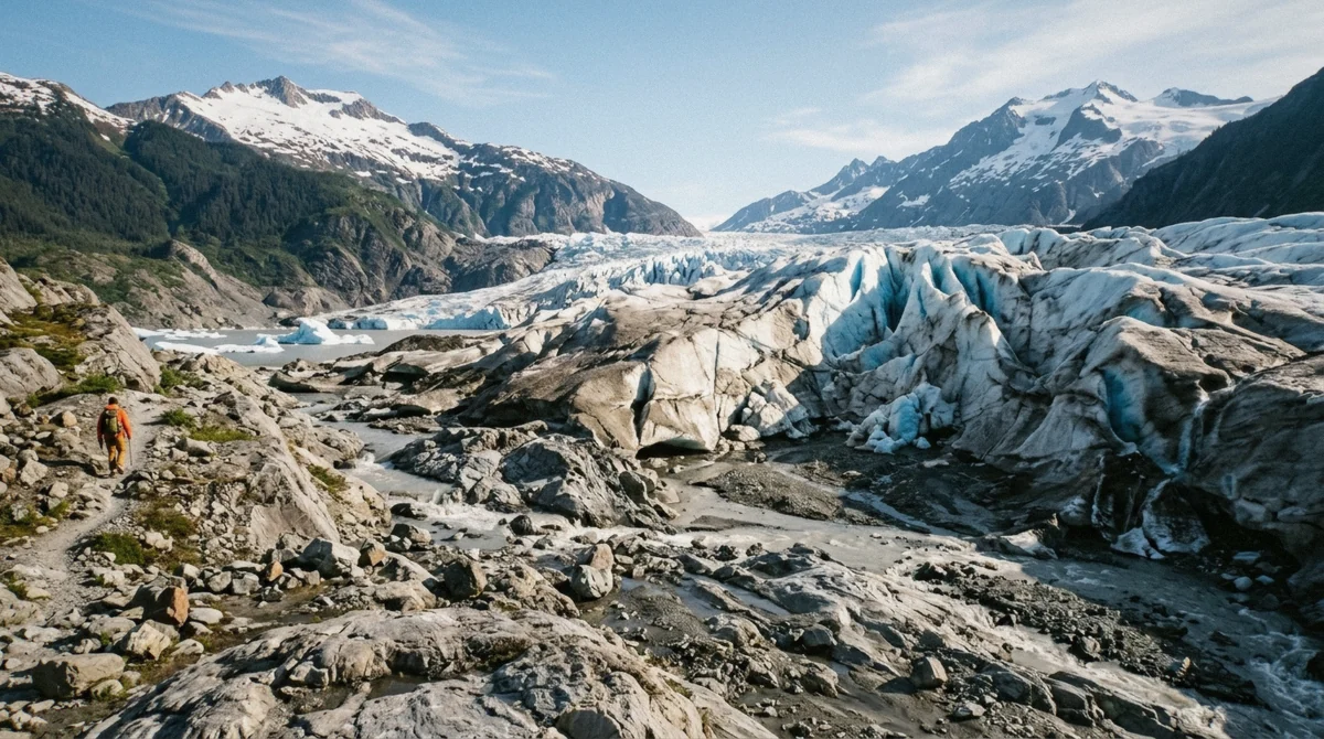 Blue glacial ice and meltwater channels at the Mendenhall Glacier terminus, the kind of formation the Mendenhall Glacier ice caves once produced near Juneau, Alaska