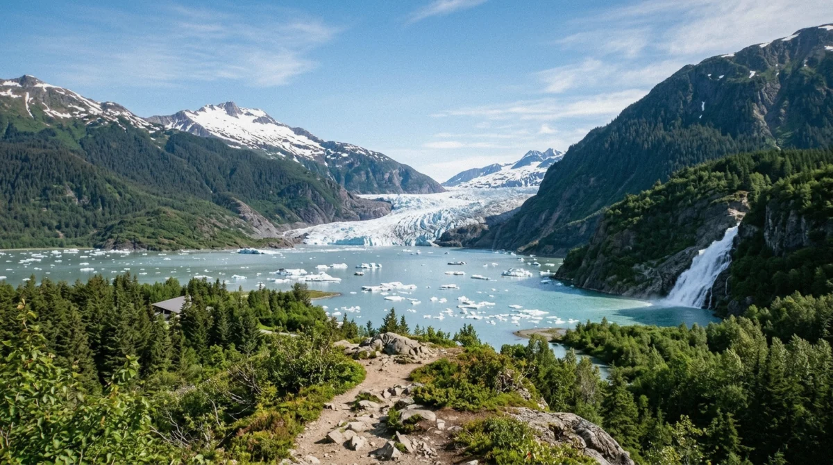 Aerial view down the glacial valley with the lake, the ice and the trail network laid out as shown on this Mendenhall Glacier map near Juneau