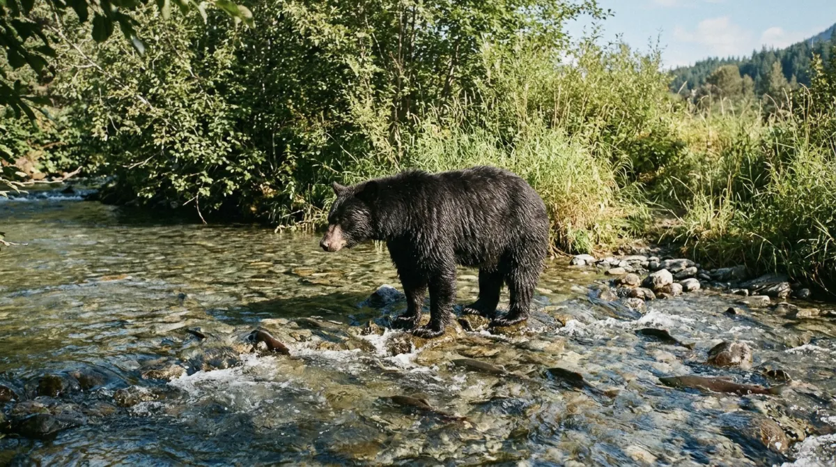 A black bear fishing for salmon at Steep Creek below the raised boardwalk, the peak August wildlife reason behind the best time to visit Mendenhall Glacier