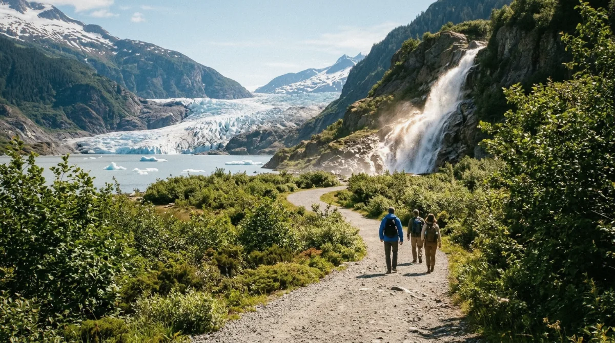 Visitors on the paved lakeshore path with the ice face and Nugget Falls behind, showing the main things to do at Mendenhall Glacier near Juneau