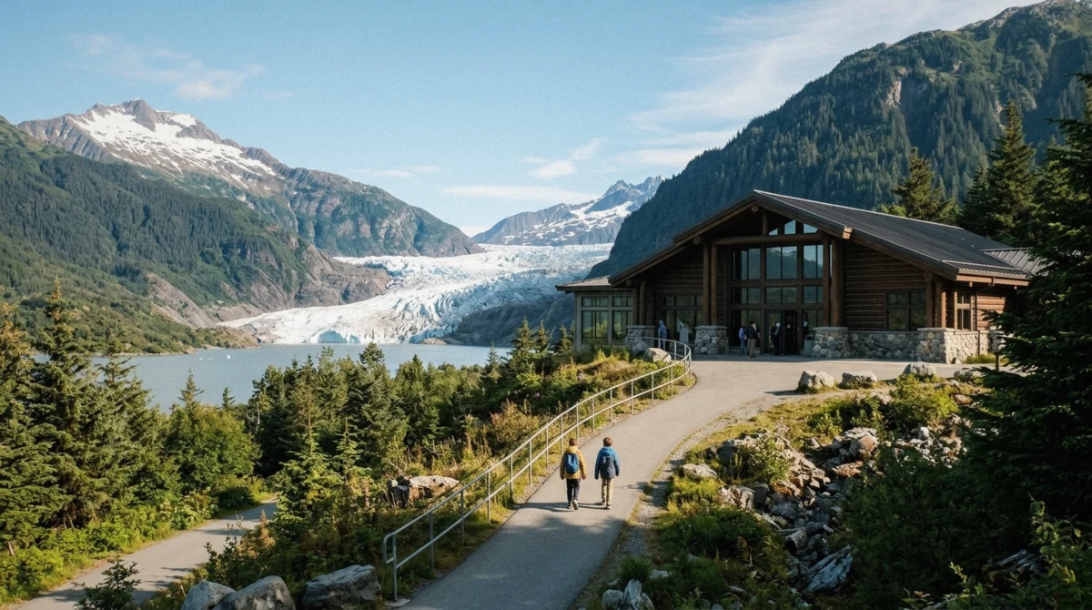 The Forest Service visitor center building above the lake with its glass frontage facing the ice at Mendenhall Glacier, Juneau