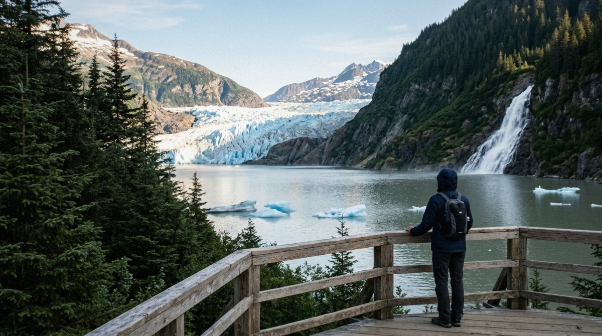 Visitors on the paved path facing the ice and Mendenhall Lake, the view at the heart of the question of whether a Mendenhall Glacier tour is worth it in Juneau, Alaska